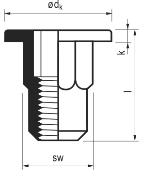 Écrou à sertir M 8 - Acier [ AISI 1008 ] Zingué (Ø x L) 11,0 mm x 21,0 mm -  Tête affleurante Arbre hexagonal - Extrémité de l'arbre ouverte - GO-NUT -  7550802102