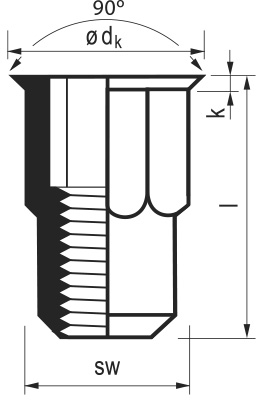 Ecrou à sertir - Plat - Hexagonal - Borgne Matière Acier Zingué Sertissage  0.5-2.0 Taille M4x0.7 L ±0.4 (mm) 15 A ±0.3 (mm) 9 M +0.0/-0.1 (mm) 5.9 K  +0.15/-0.0 (mm) 1 Trou M1 +0.1/-0.0 (mm) 6